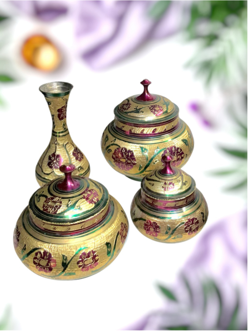 4 Pc Vintage Indian Floral Engraved Brass Vanity Set Trinket Jars Lids Bud Vase